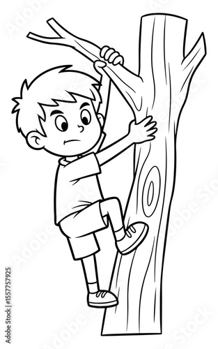 Line art illustration of a determined young boy climbing a tree