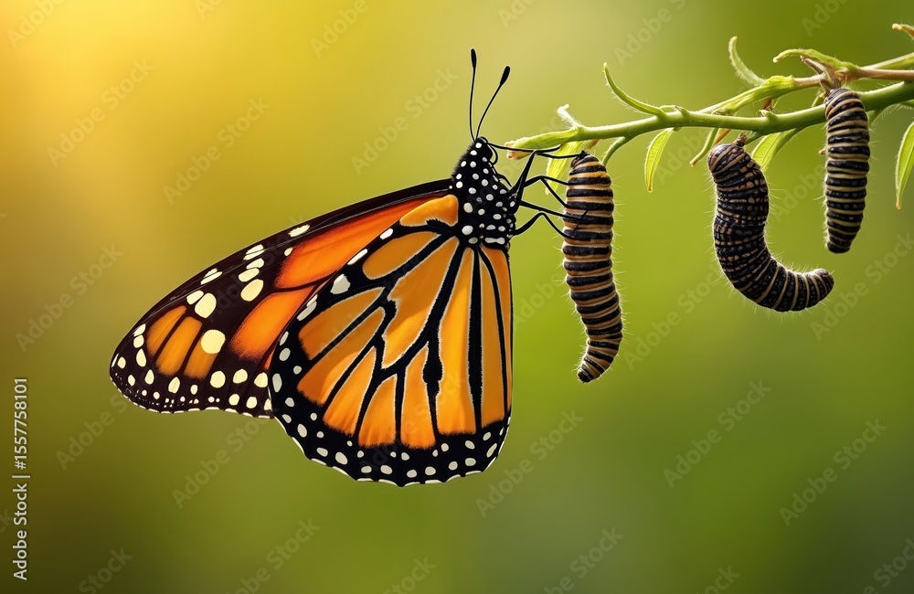 Fototapeta premium Monarch butterfly metamorphosis lifecycle stages., pupa, beautiful adult butterfly on plant, transform from chrysalis. Amazing wildlife animal transformation. Natural background, bright colours.
