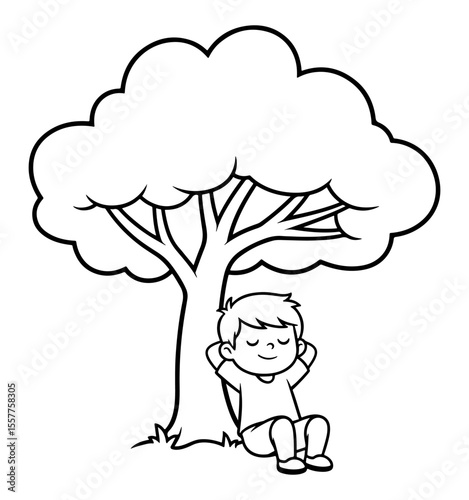 A Black and White Illustration of a Child Resting Under a Tree