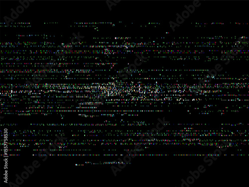 Colorful vhs video noise glitch vector on black background. Old analog television static distortion graphic element. Abstract bad signal screen effect.