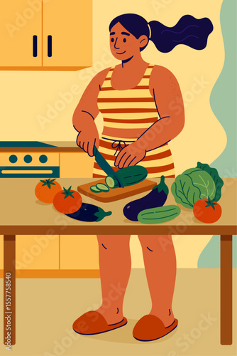 Happy young woman preparing fresh vegetables in cozy kitchen interior