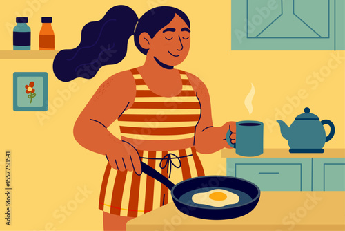 Smiling woman cooking breakfast with fried egg and coffee mug in morning kitchen