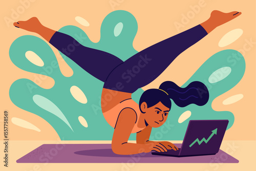 Flexible young woman in advanced yoga pose while working on laptop with stock market chart on screen