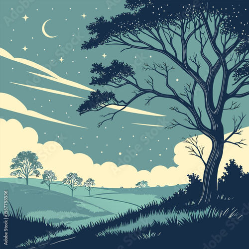 Nature scene with tree and fullmoon at night and Digital art moon and tree wallpaper	