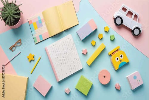 Pastel Children's Wooden Toys and Books Flatlay