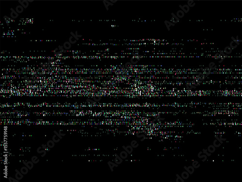 Abstract VHS video signal glitch and noise on a dark background. Static distortion with colorful pixel elements. Digital error screen.