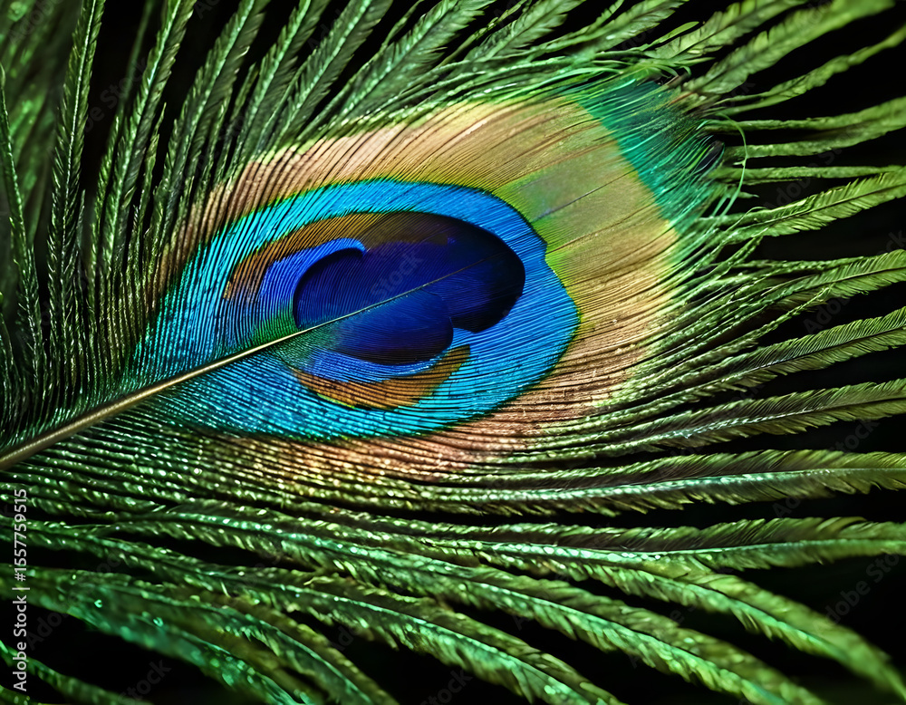 Obraz premium Abstract peacock feather, macro close up. Vivid exotic bird feather texture background. close-up of peacock feather background