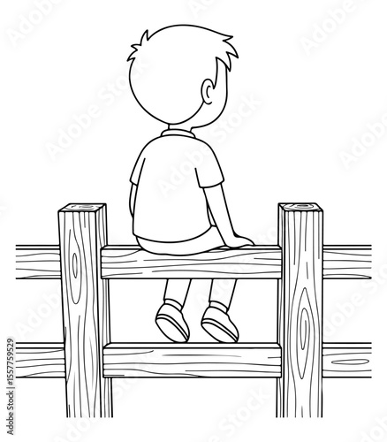 A contemplative boy sits on a wooden fence looking toward the horizon
