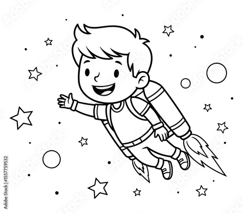 Cartoon Boy Flying Through Space with a Rocket Pack, Coloring Page