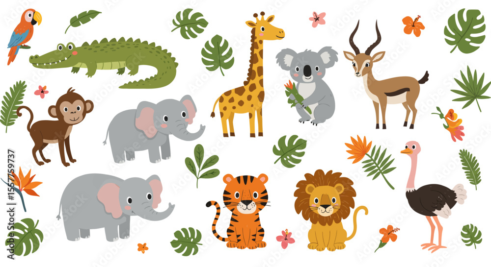 This charming vector illustration features a cute set of cartoon wild animals including a dog, cat, cow, lion, baby elephant, horse, giraffe, and rabbit, perfect for a funny jungle safari collection This charming vector illustration features a cute set of cartoon wild animals including a dog, cat, cow, lion, baby elephant, horse, giraffe, and rabbit, perfect for a funny jungle safari collection