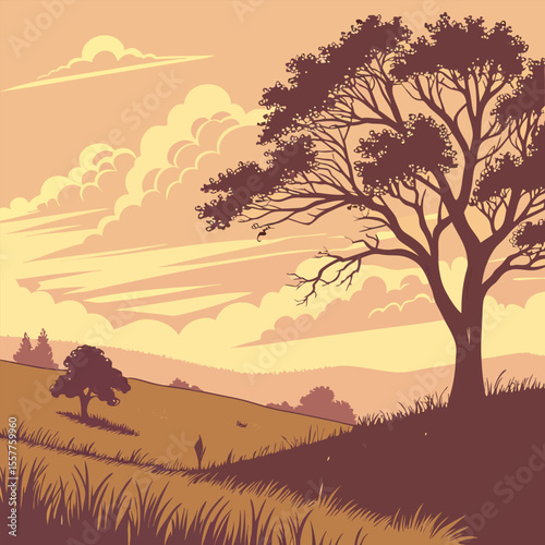 Tree silhouette landscape with sunrise and mountain
