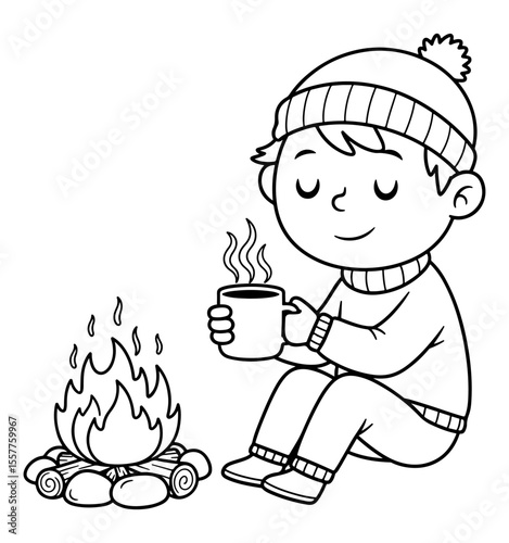 A cozy moment outlined a child enjoying the warmth of a campfire with hot drink