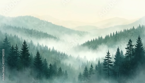 Watercolor painting of a foggy coniferous forest. Serene landscape with trees, fog, hills, misty atmosphere. Nature scenery art. Watercolor painting in green, blue tones. Calmness, peaceful vibes.