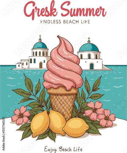 Scalable modern vector illustration inspired by a Greek summer theme for t-shirt prints, sunset beach prints and poster. tropical summer vintage retro vector graphics, easily editable.