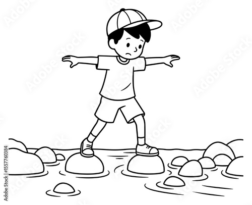 Boy carefully steps across rocks in water, trying not to fall down
