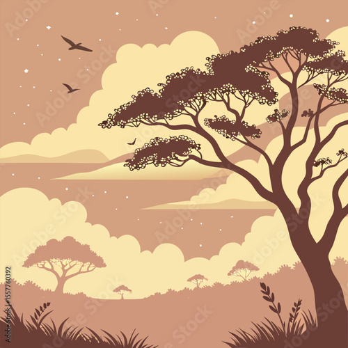 Tree silhouette landscape with sunrise and mountain