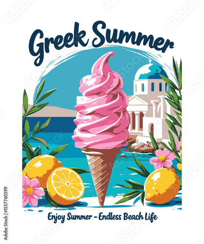 Scalable modern vector illustration inspired by a Greek summer theme for t-shirt prints, sunset beach prints and poster. tropical summer vintage retro vector graphics, easily editable.
