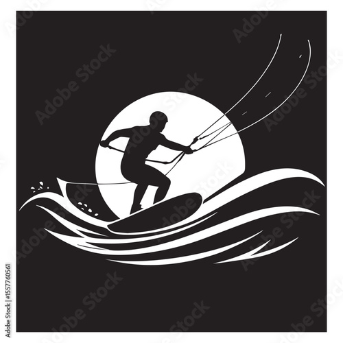 Silhouette of a windsurfer riding a wave against a large sun disc