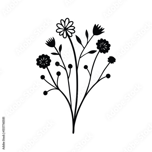 Wildflower bunch illustration set delicate line drawings of assorted flowers Vector illustration