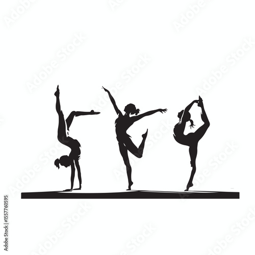 Three athletic gymnasts performing graceful poses on parallel bars in a dynamic showcasing flexibility strength and artistic expression in a striking silhouette