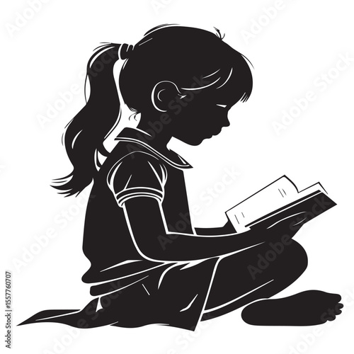Silhouette of a young girl with a ponytail sitting and reading a book