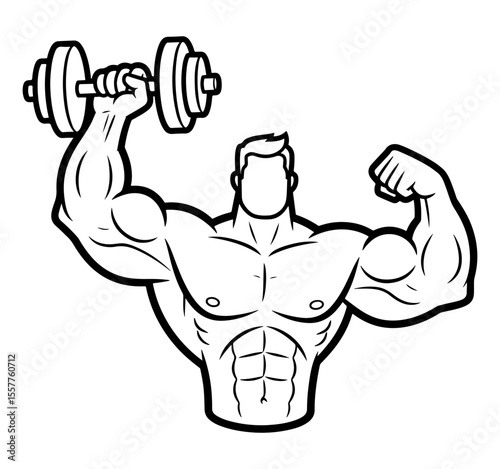 Stylized Bodybuilder with Dumbbell Demonstrating Muscular Physique in Black and White Outline