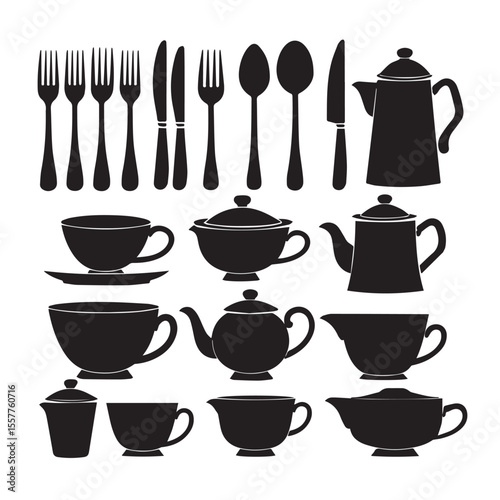 Collection of black silhouette cutlery teacups and teapots on a white background