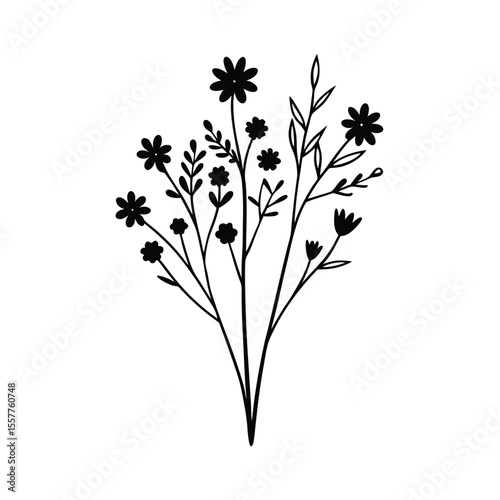 Wildflower bunch illustration set delicate line drawings of assorted flowers Vector illustration