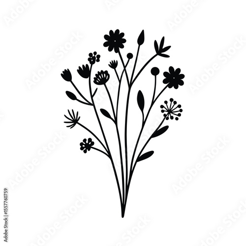 Wildflower bunch illustration set delicate line drawings of assorted flowers Vector illustration