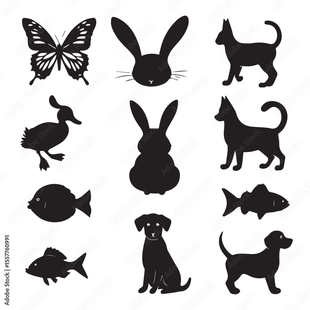 Obraz premium Collection of black silhouettes of animals including butterfly rabbit duck and fish