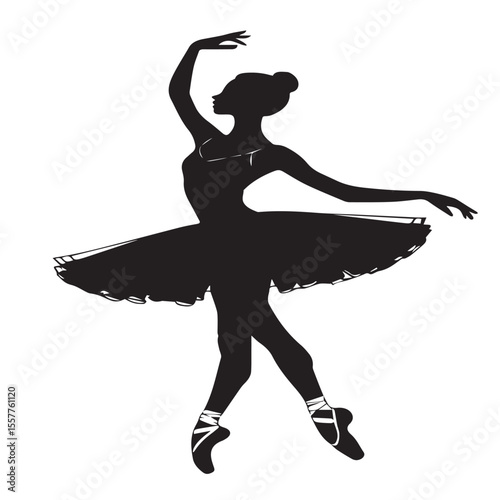 Elegant black silhouette of a ballet dancer in a tutu performing a graceful pose