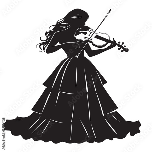 Elegant silhouette of a woman in a tiered dress playing the violin