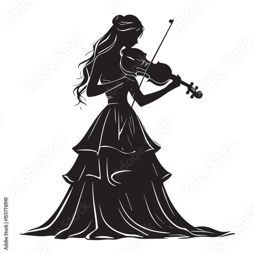 Elegant silhouette of a woman playing the violin in a flowing layered gown
