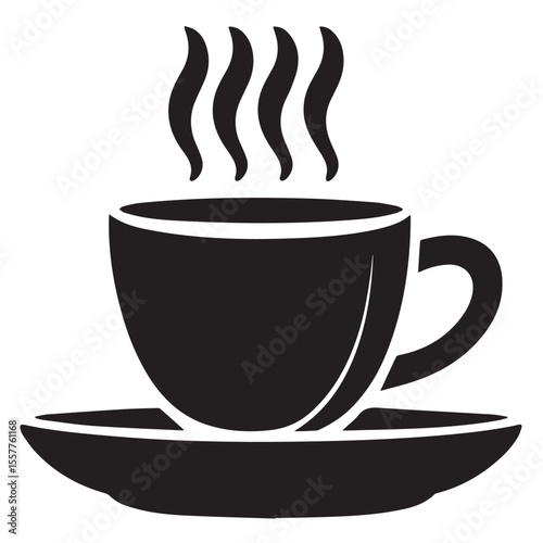 Simple black silhouette of a steaming cup of coffee on a saucer