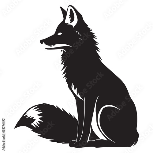 Stylized black silhouette of a sitting fox with a bushy tail