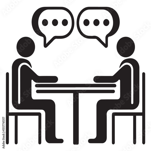 Two people sitting at a table with speech bubbles indicating conversation