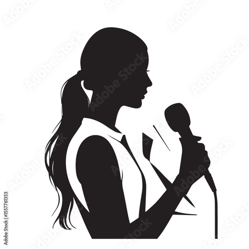Silhouette of a woman with a ponytail holding a microphone and speaking