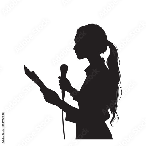 Silhouette of a woman speaking into a microphone while reading from a paper