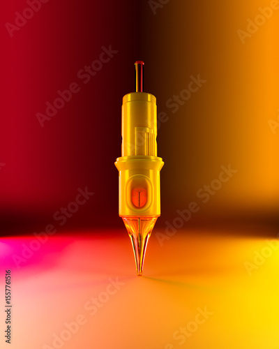 A vibrant yellow fountain pen stands upright on a smooth surface. The background features a warm gradient of red and orange, creating an eye-catching atmosphere.