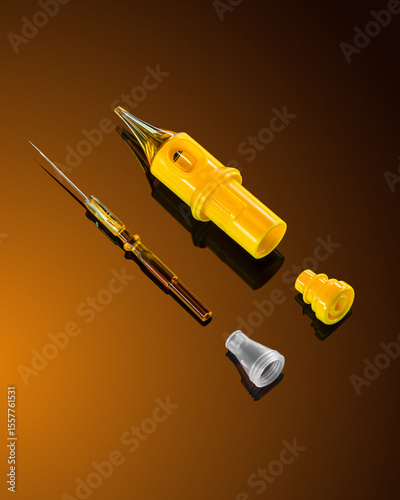 Various medical syringe components are displayed on a glossy background. Each piece, including the needle and caps, highlights unique design features and colors, illustrating essential medical tools.