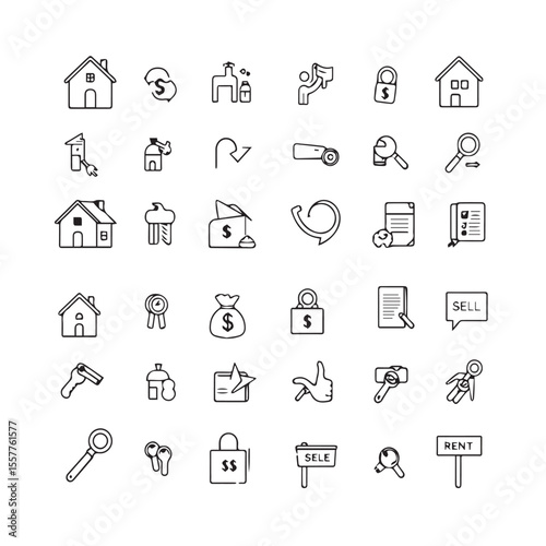 Collection of hand drawn real estate icons representing buying selling renting and property management