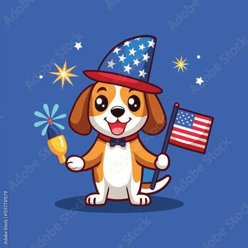 Kawaii beagle dog standing with sparkler and USA flag wearing 4th of July celebration hat