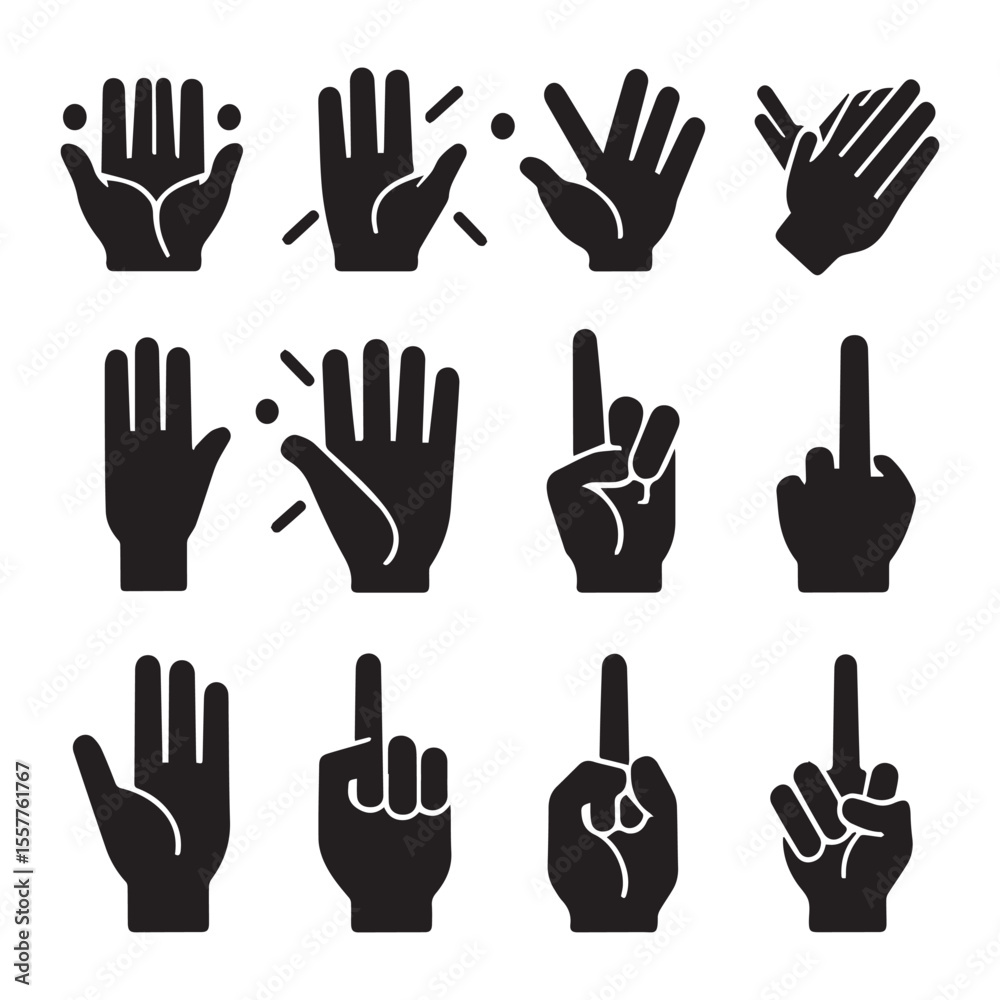 Obraz premium Collection of black hand gesture icons showing counting and gestures