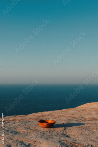 minimalist photograph of solitary wooden bowl on coastal cliff in cyprus at sunrise