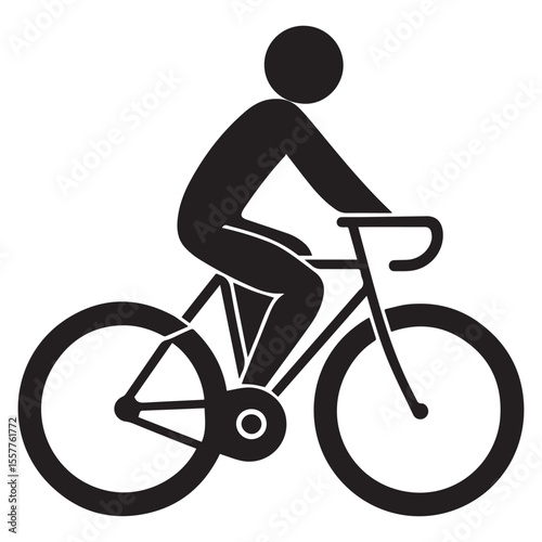 Simple black silhouette of a person riding a bicycle on a white background