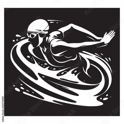 Dynamic black and white illustration of a swimmer in action with water splashes