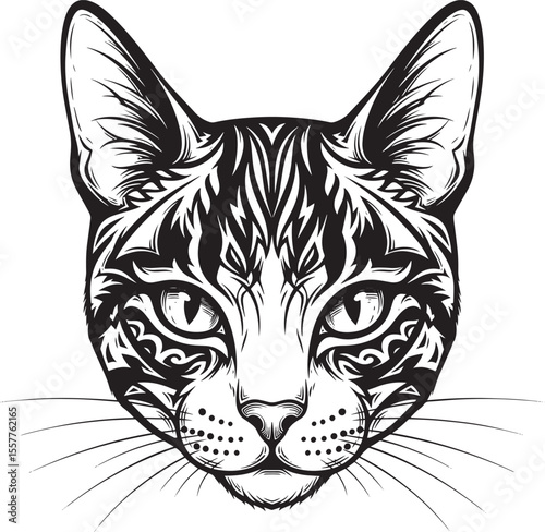 Elegant black and white cat portrait with intricate patterned design.
