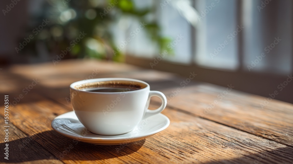 Fototapeta premium White coffee cup on cozy wooden table
