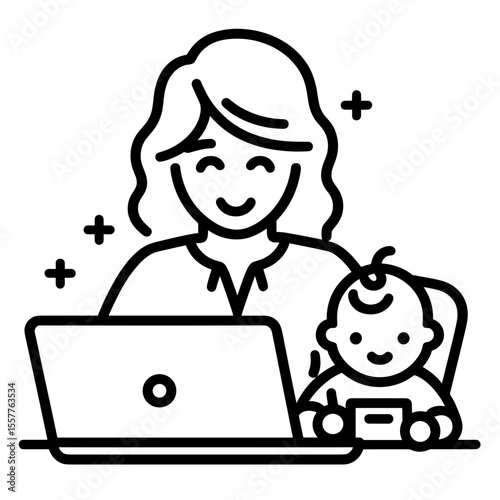 Mother working on laptop while smiling at her baby in home office  freelance