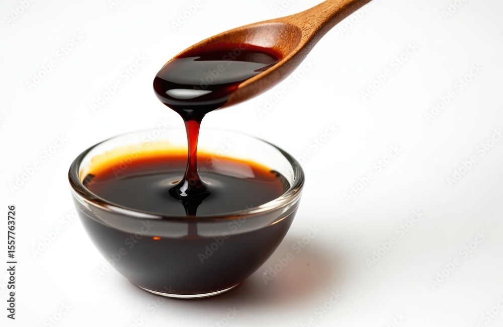 Soy sauce pouring from wooden spoon into glass bowl. Japanese cuisine. Close-up of brown liquid dropping, swirling. Condiment food, cooking ingredient on white background. Asian meal preparation. Soy sauce pouring from wooden spoon into glass bowl. Japanese cuisine. Close-up of brown liquid dropping, swirling. Condiment food, cooking ingredient on white background. Asian meal preparation.